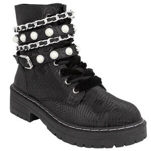 Sugar Kade combat boots snakeskin effect chain pearl-wrapped ankle strap Sz 6.5M